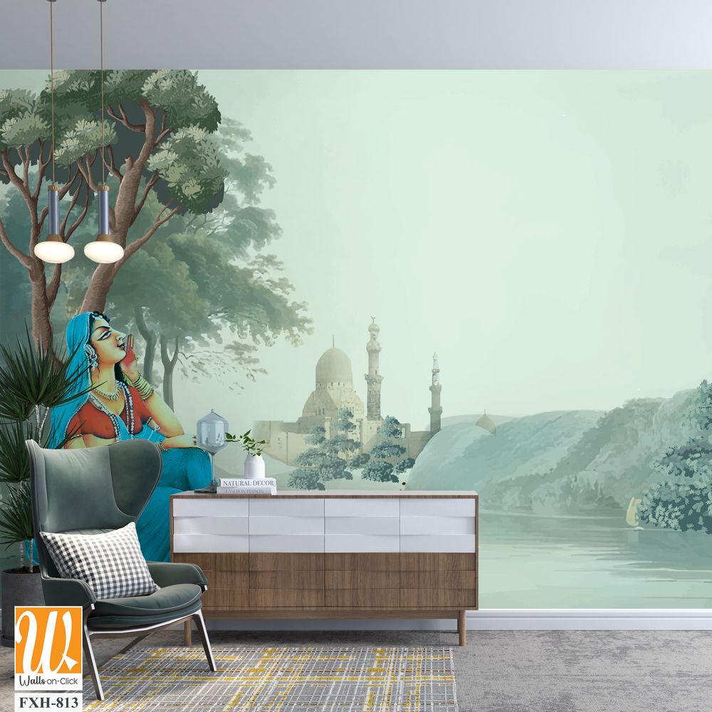 Mughal queen sitting in benefitplace, Antique scenic landscape wallpaper. Lake, Mural in the hills Vintage landscape wallpaper. [WP-FXH-813]