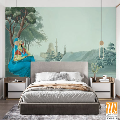 Mughal queen sitting in benefitplace, Antique scenic landscape wallpaper. Lake, Mural in the hills Vintage landscape wallpaper. [WP-FXH-813]