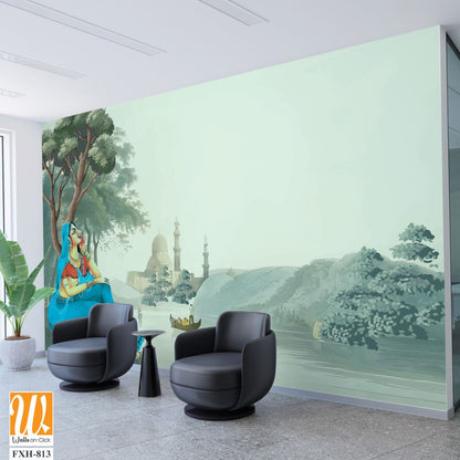 Mughal queen sitting in benefitplace, Antique scenic landscape wallpaper. Lake, Mural in the hills Vintage landscape wallpaper. [WP-FXH-813]