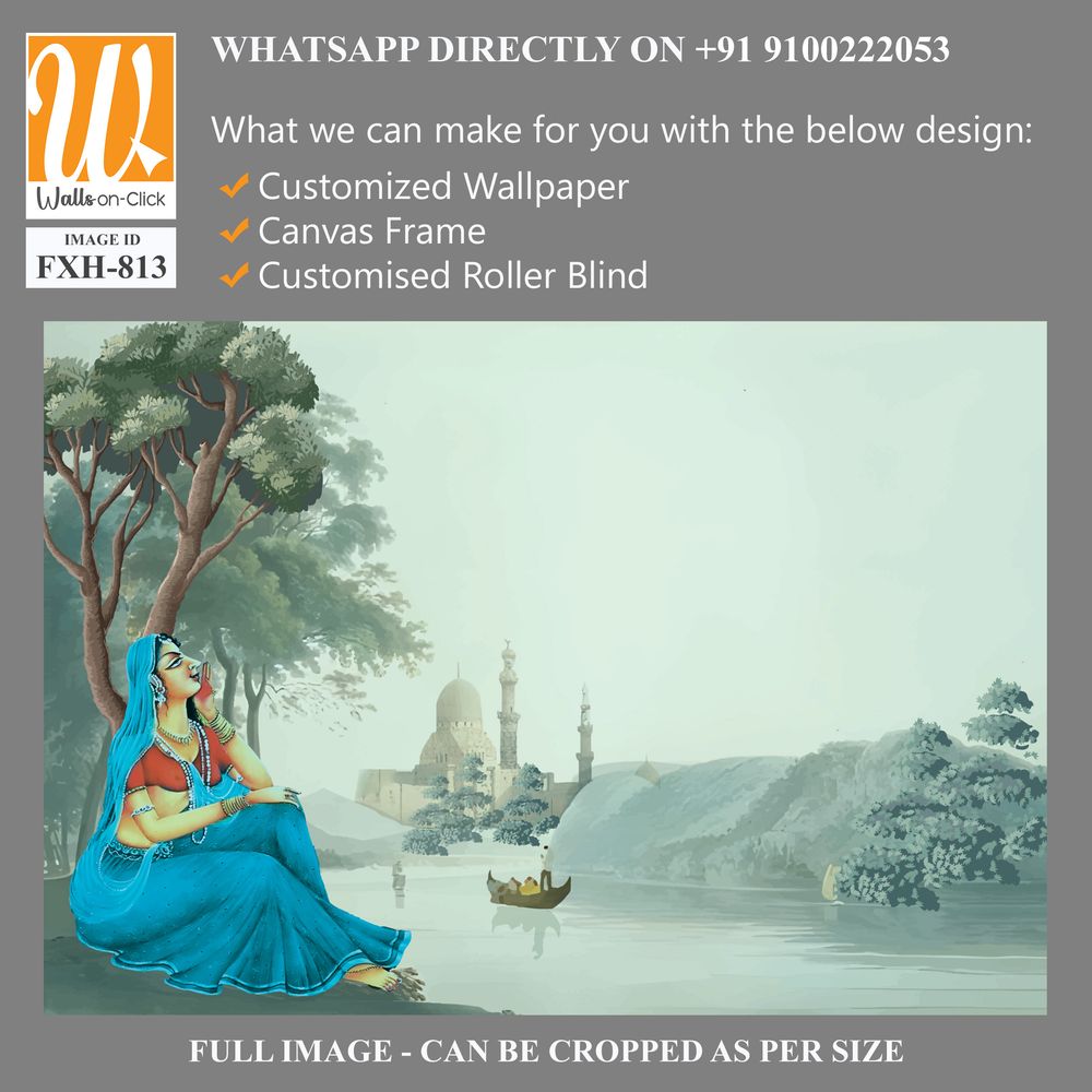 Mughal queen sitting in benefitplace, Antique scenic landscape wallpaper. Lake, Mural in the hills Vintage landscape wallpaper. [WP-FXH-813]