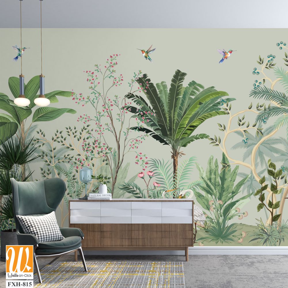 Chinoiseries Wall Mural, Tropical HD Wallpaper, Birds. [WP-FXH-815]