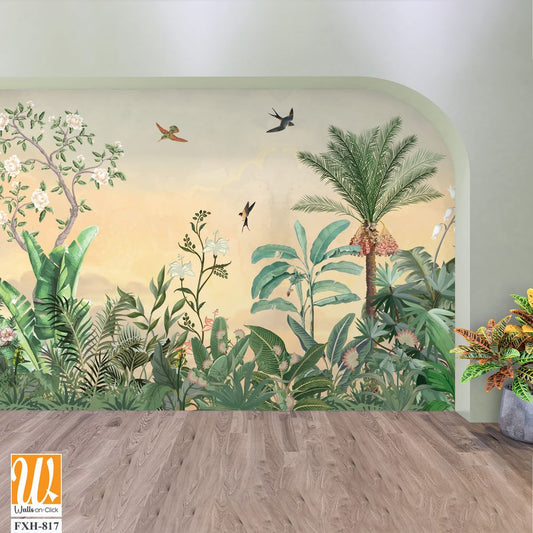 Chinoiseries Wall Mural, Watercolor Background, Birds, Tropical Tree. [WP-FXH-817]