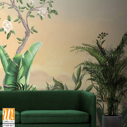 Chinoiseries Wall Mural, Watercolor Background, Birds, Tropical Tree. [WP-FXH-817]