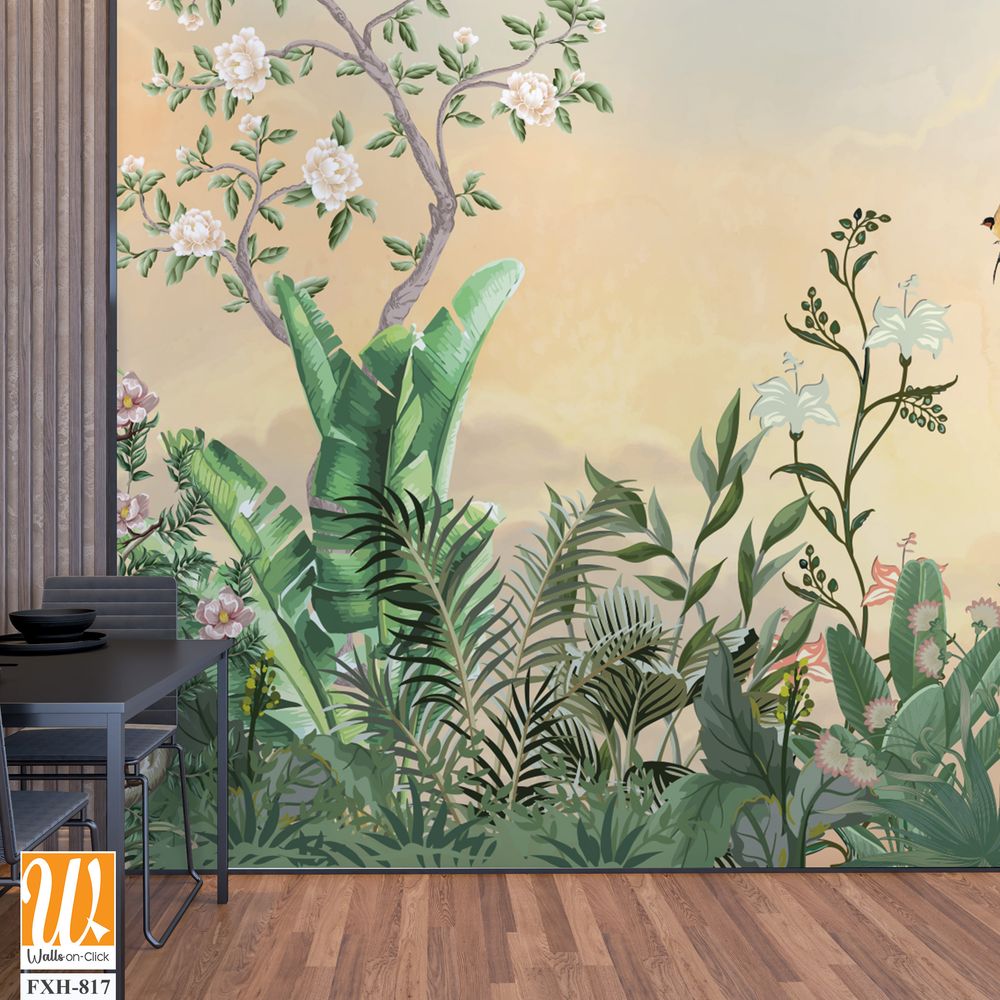 Chinoiseries Wall Mural, Watercolor Background, Birds, Tropical Tree. [WP-FXH-817]