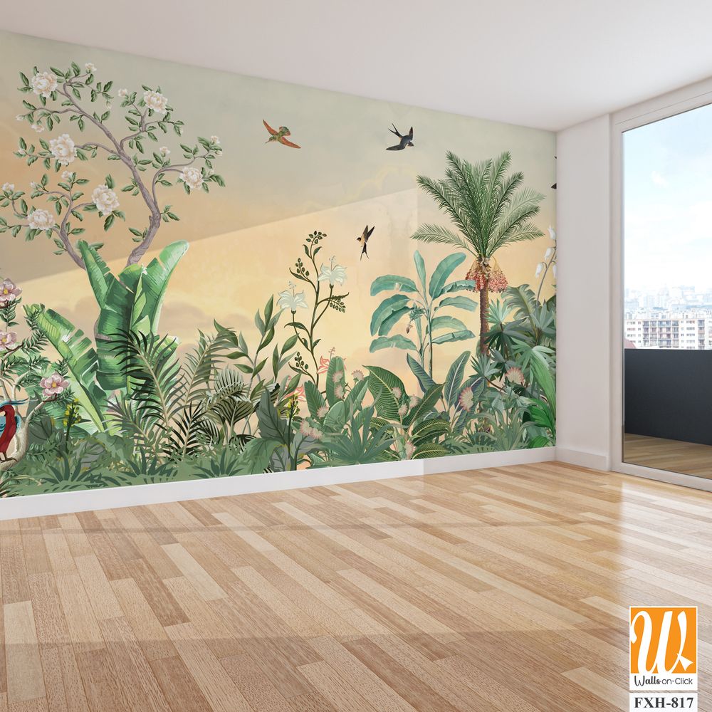 Chinoiseries Wall Mural, Watercolor Background, Birds, Tropical Tree. [WP-FXH-817]