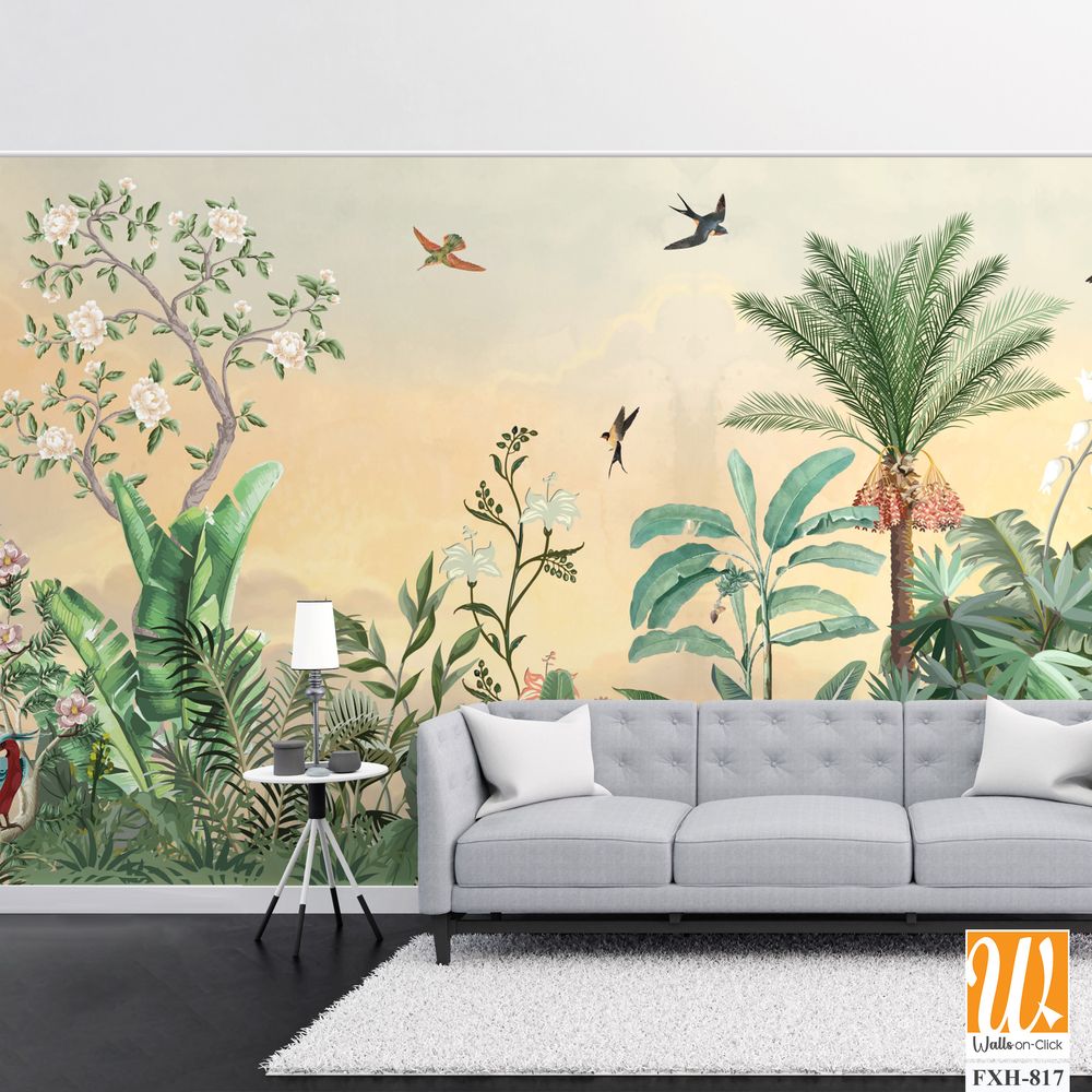 Chinoiseries Wall Mural, Watercolor Background, Birds, Tropical Tree. [WP-FXH-817]