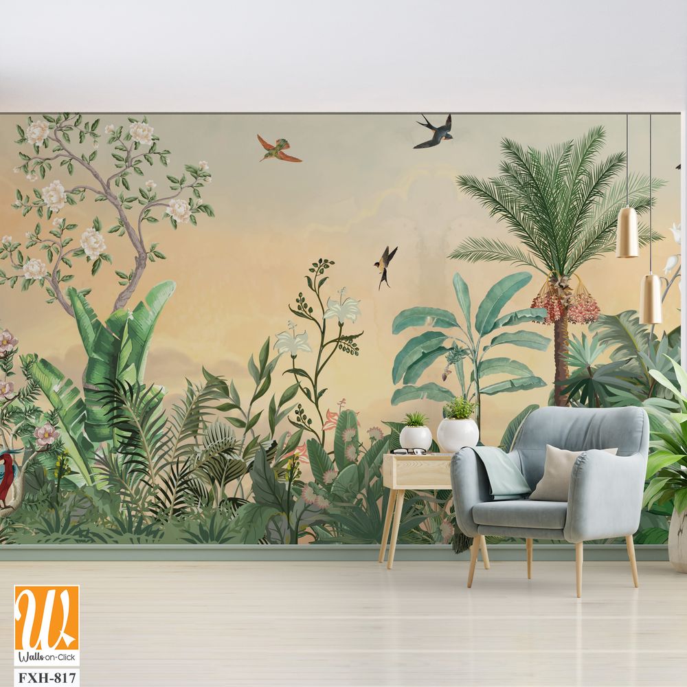 Chinoiseries Wall Mural, Watercolor Background, Birds, Tropical Tree. [WP-FXH-817]