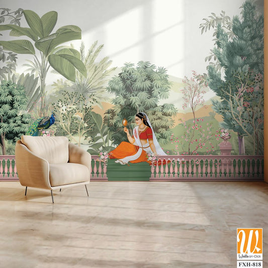 Mughal queen sitting in Garden. Vintage wallpaper with garden arch place illustration. [WP-FXH-818]