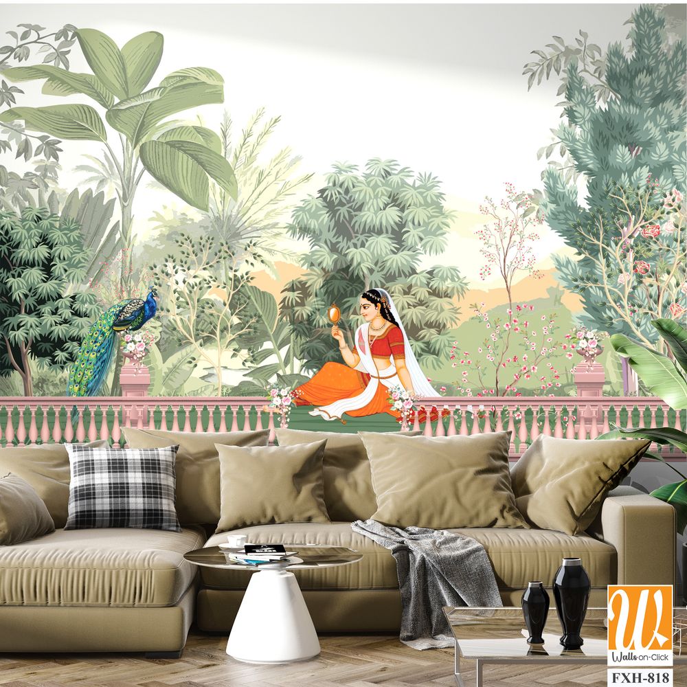 Mughal queen sitting in Garden. Vintage wallpaper with garden arch place illustration. [WP-FXH-818]