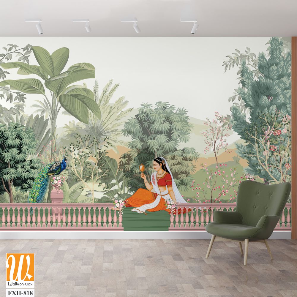 Mughal queen sitting in Garden. Vintage wallpaper with garden arch place illustration. [WP-FXH-818]