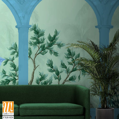 Vintage wallpaper with garden arch peacock, place landscape illustrations. Antique scenic wallpaper. [WP-FXH-820]