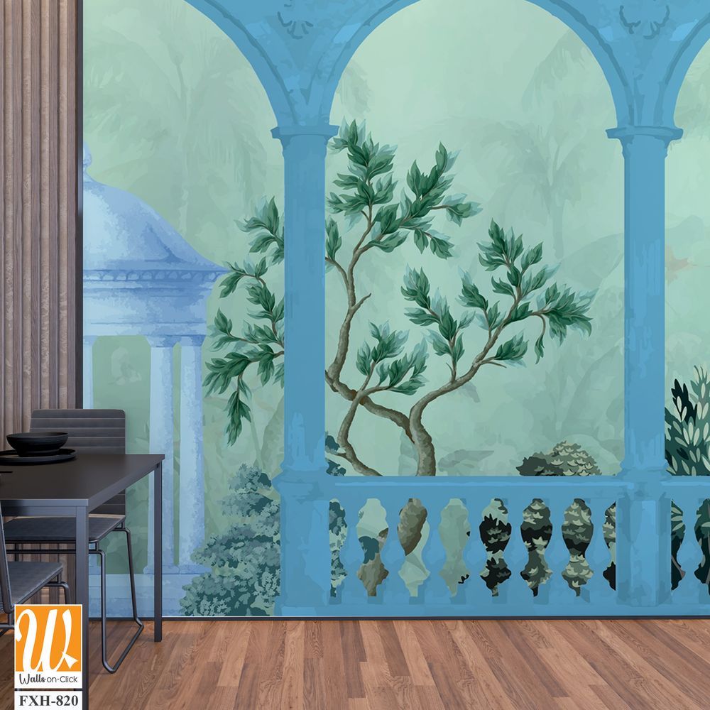 Vintage wallpaper with garden arch peacock, place landscape illustrations. Antique scenic wallpaper. [WP-FXH-820]