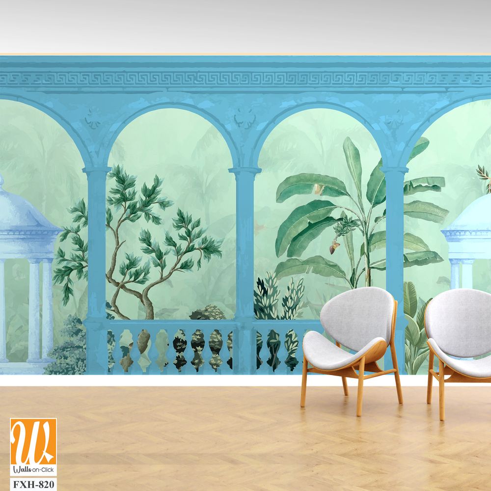 Vintage wallpaper with garden arch peacock, place landscape illustrations. Antique scenic wallpaper. [WP-FXH-820]