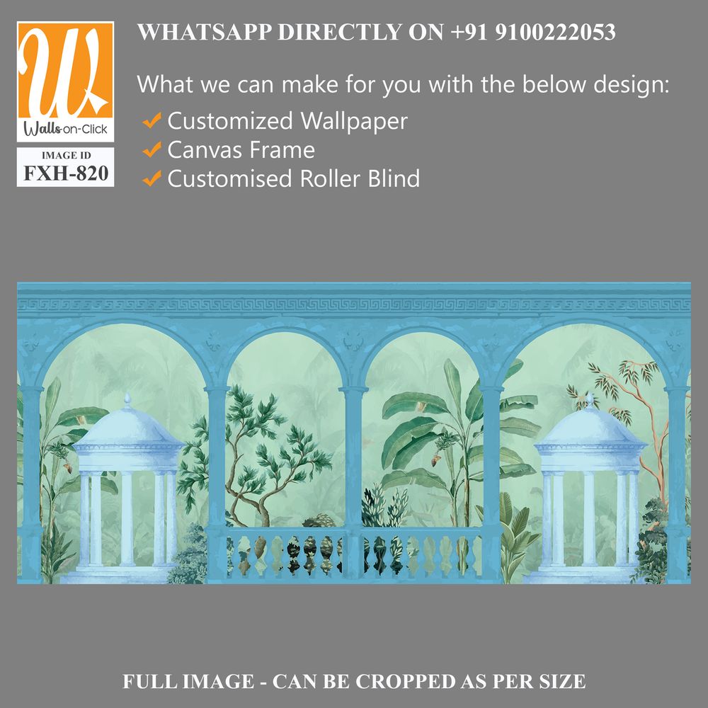 Vintage wallpaper with garden arch peacock, place landscape illustrations. Antique scenic wallpaper. [WP-FXH-820]