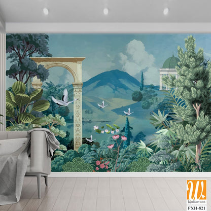 Mughal garden wallpaper mural Design, hill lake, Dome, brds, traditional mughal background, watercolor background. [WP-FXH-821]