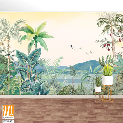 Rain Forest Tropical Jungle Painting Wallpaper, Southeast Asian Jungle Landscape Wall Mural Wall Decor [WP-FXH-822]