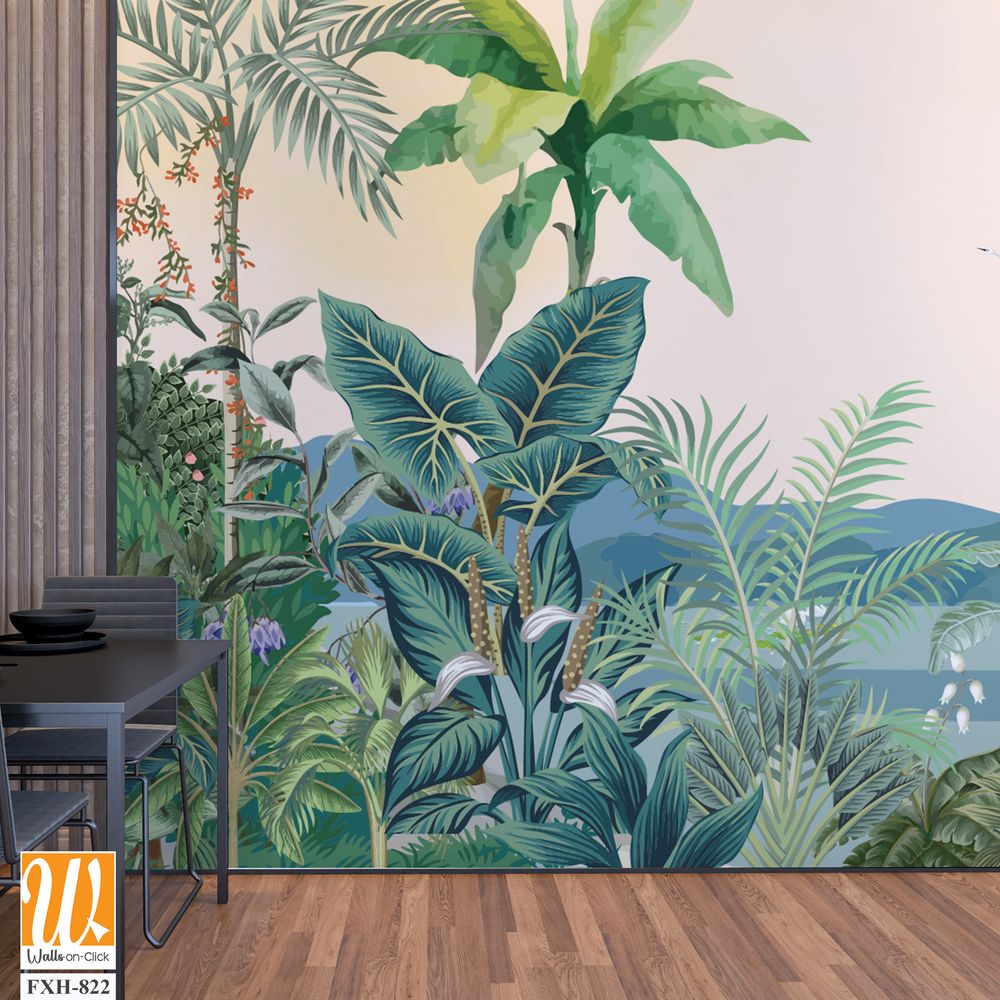 Rain Forest Tropical Jungle Painting Wallpaper, Southeast Asian Jungle Landscape Wall Mural Wall Decor [WP-FXH-822]