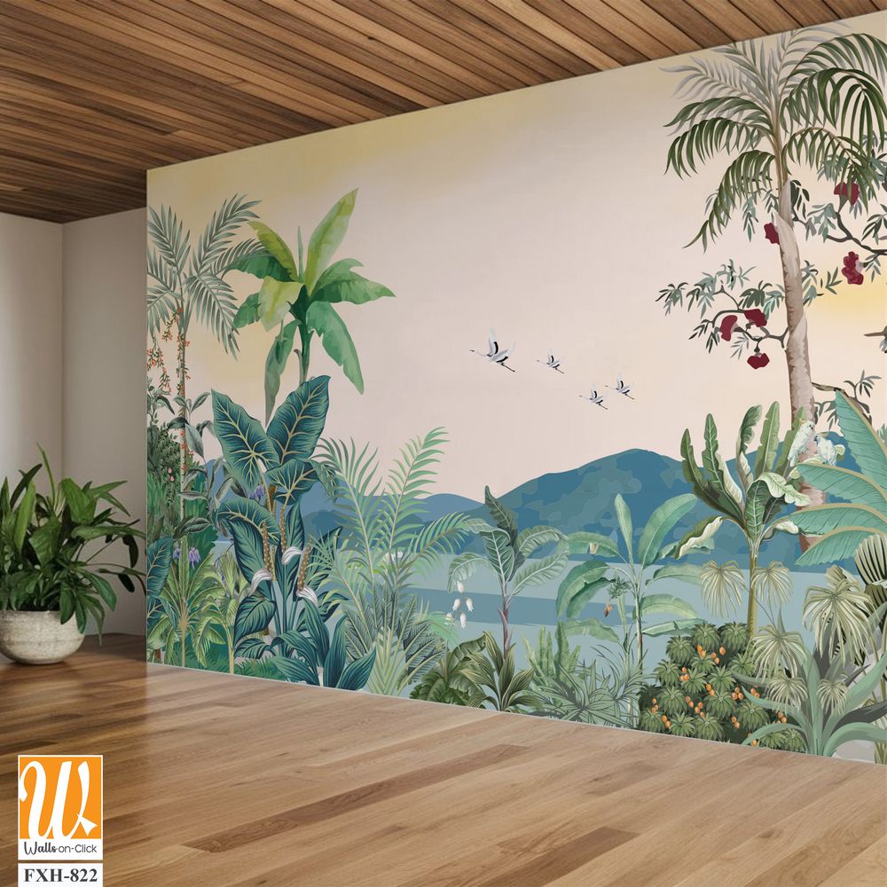 Rain Forest Tropical Jungle Painting Wallpaper, Southeast Asian Jungle Landscape Wall Mural Wall Decor [WP-FXH-822]