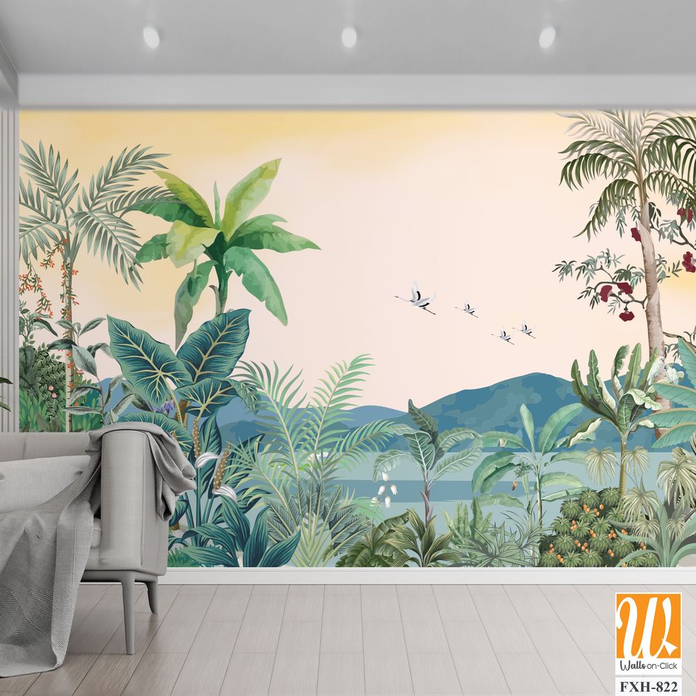 Rain Forest Tropical Jungle Painting Wallpaper, Southeast Asian Jungle Landscape Wall Mural Wall Decor [WP-FXH-822]