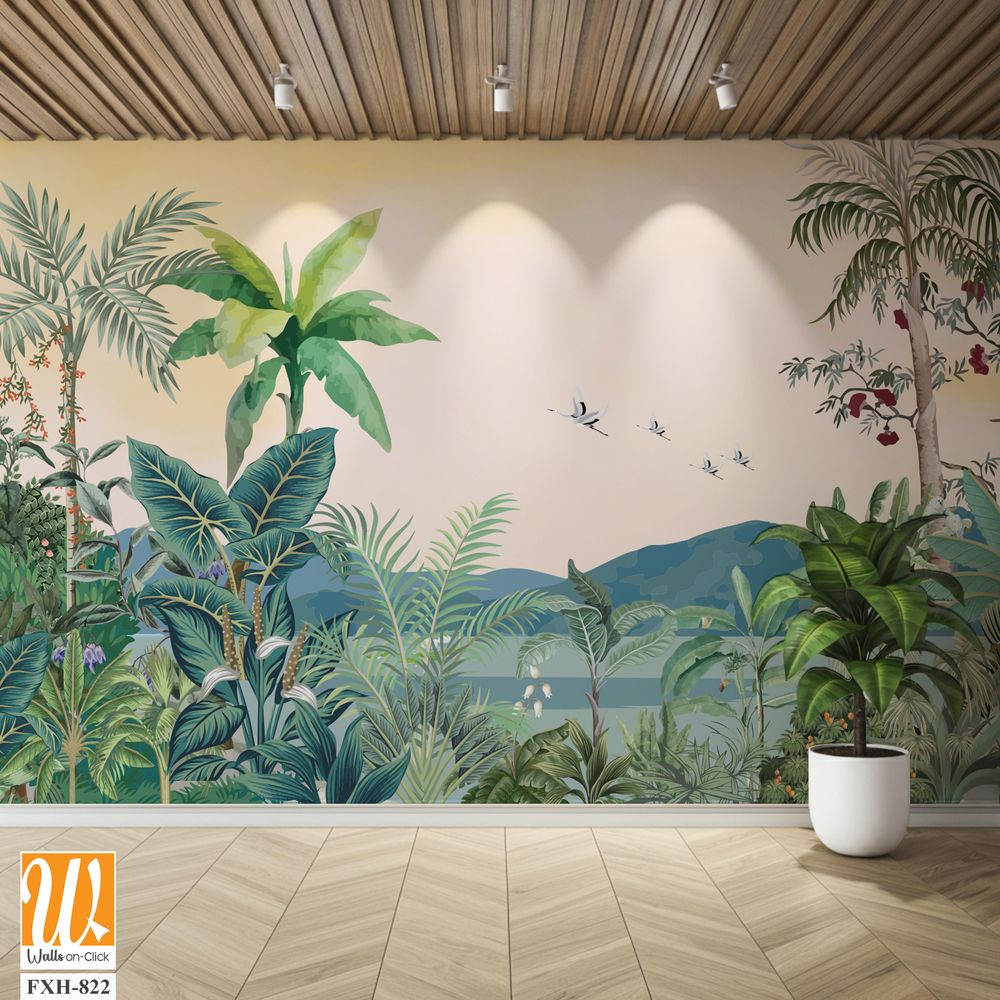 Rain Forest Tropical Jungle Painting Wallpaper, Southeast Asian Jungle Landscape Wall Mural Wall Decor [WP-FXH-822]