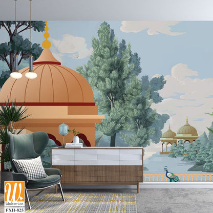 Mughal forest garden with Dome, Birds, plant and botanical tree landscape illustration pattern, Mughal Wall Mural. [WP-FXH-825]