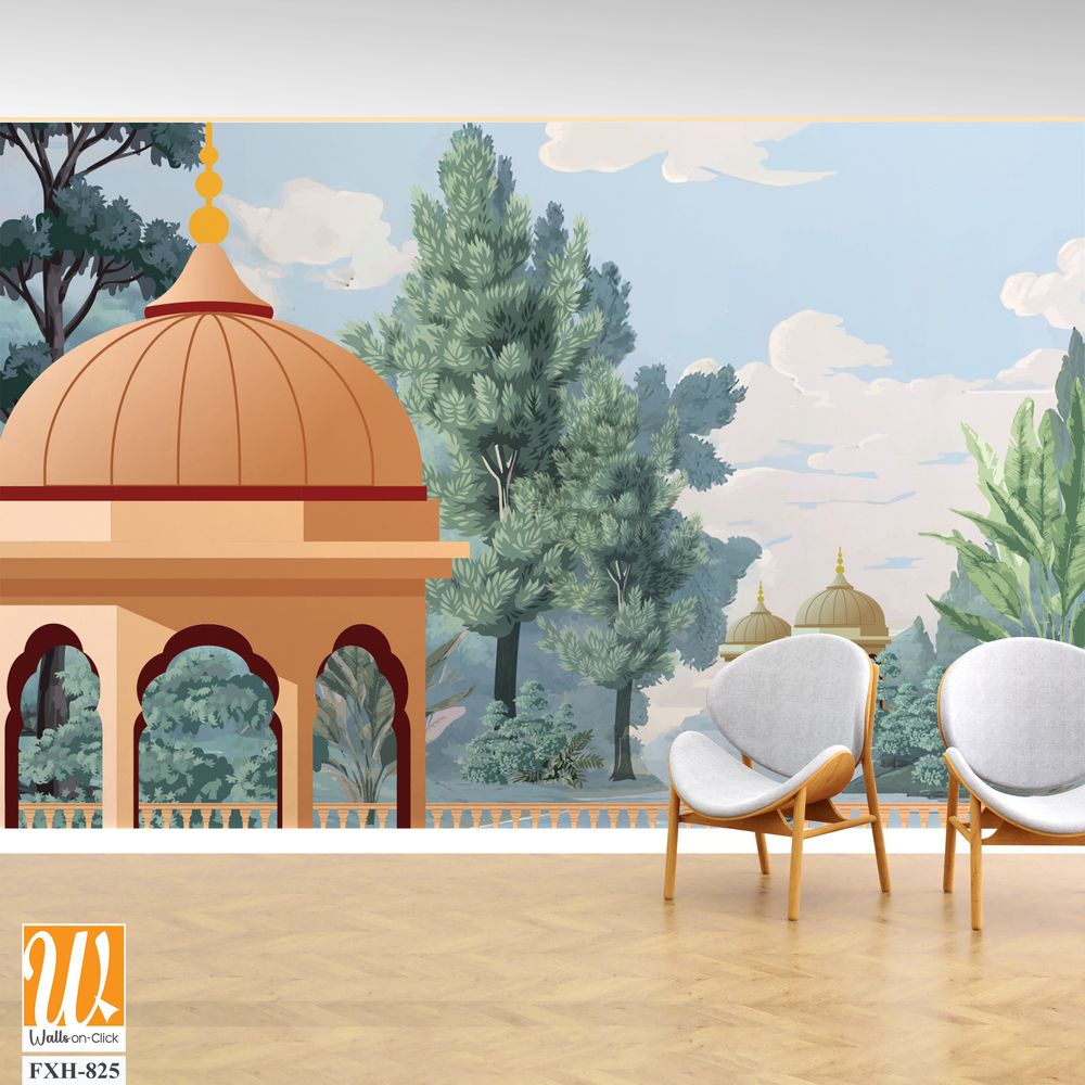 Mughal forest garden with Dome, Birds, plant and botanical tree landscape illustration pattern, Mughal Wall Mural. [WP-FXH-825]