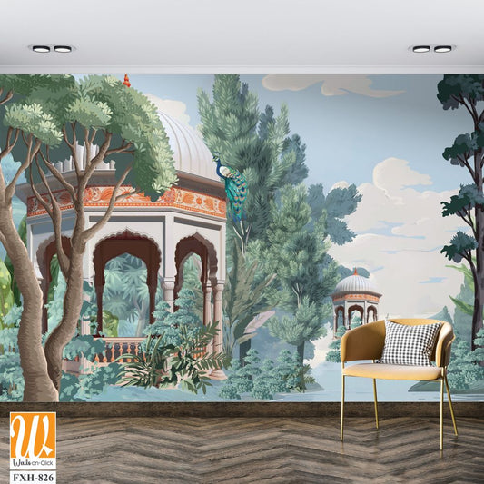 Mughal forest garden with Dome, Birds, plant and botanical tree landscape illustration pattern, Mughal Wall Mural. [WP-FXH-826]