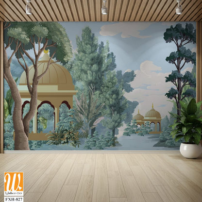 Mughal forest garden with Dome, Birds, plant and botanical tree landscape illustration pattern, Mughal Wall Mural. [WP-FXH-827]