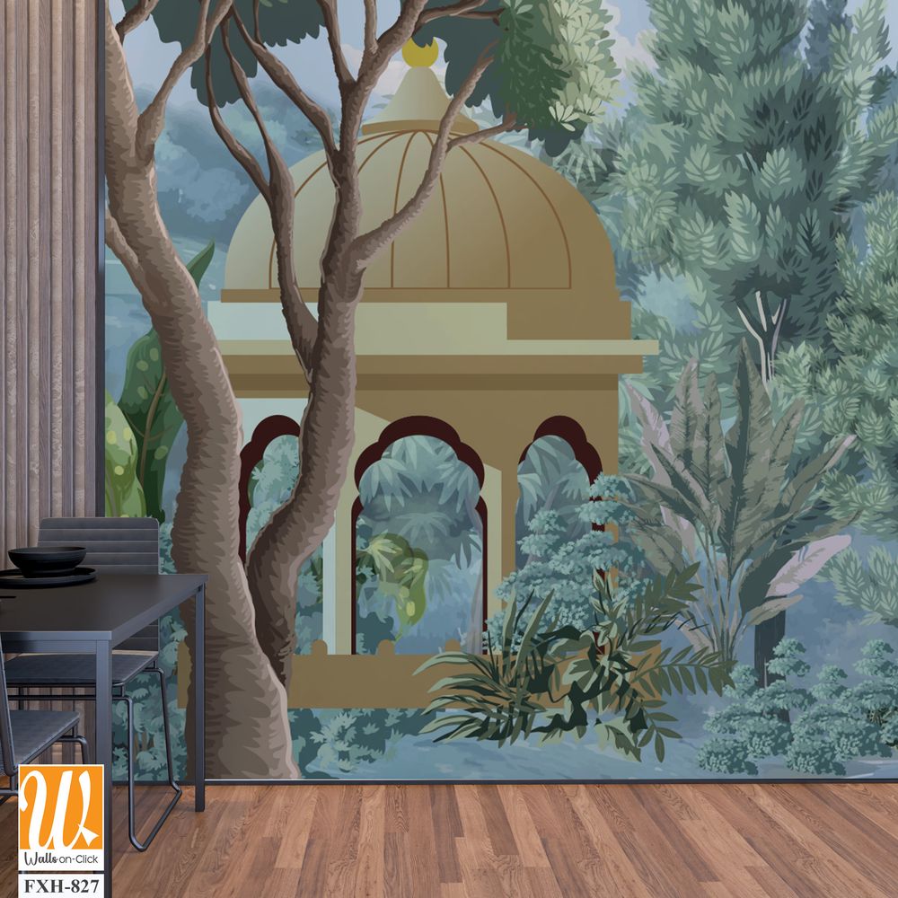 Mughal forest garden with Dome, Birds, plant and botanical tree landscape illustration pattern, Mughal Wall Mural. [WP-FXH-827]