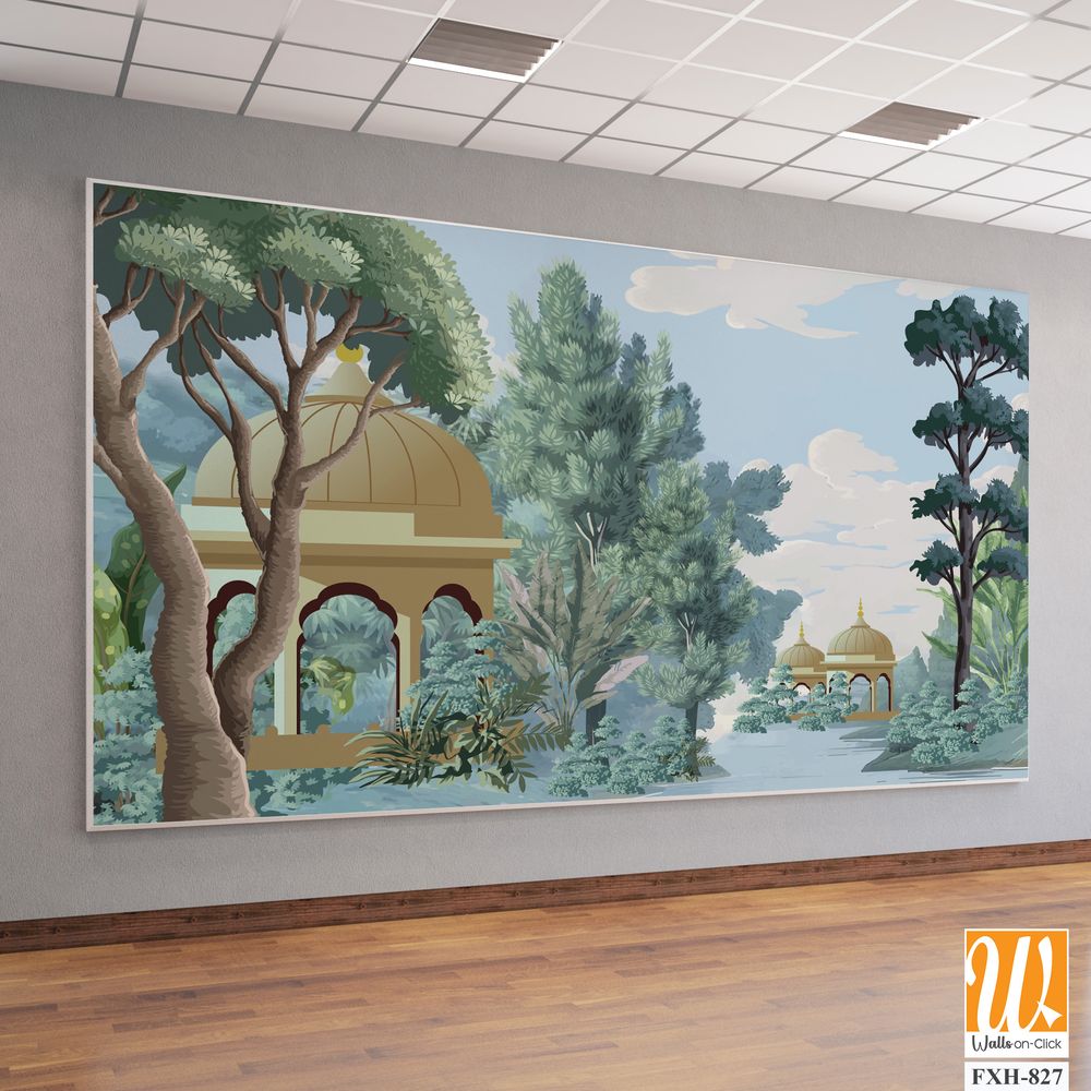 Mughal forest garden with Dome, Birds, plant and botanical tree landscape illustration pattern, Mughal Wall Mural. [WP-FXH-827]