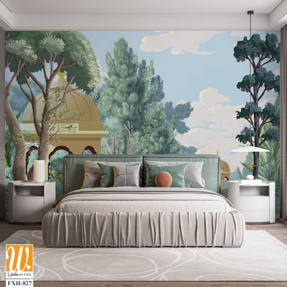 Mughal forest garden with Dome, Birds, plant and botanical tree landscape illustration pattern, Mughal Wall Mural. [WP-FXH-827]