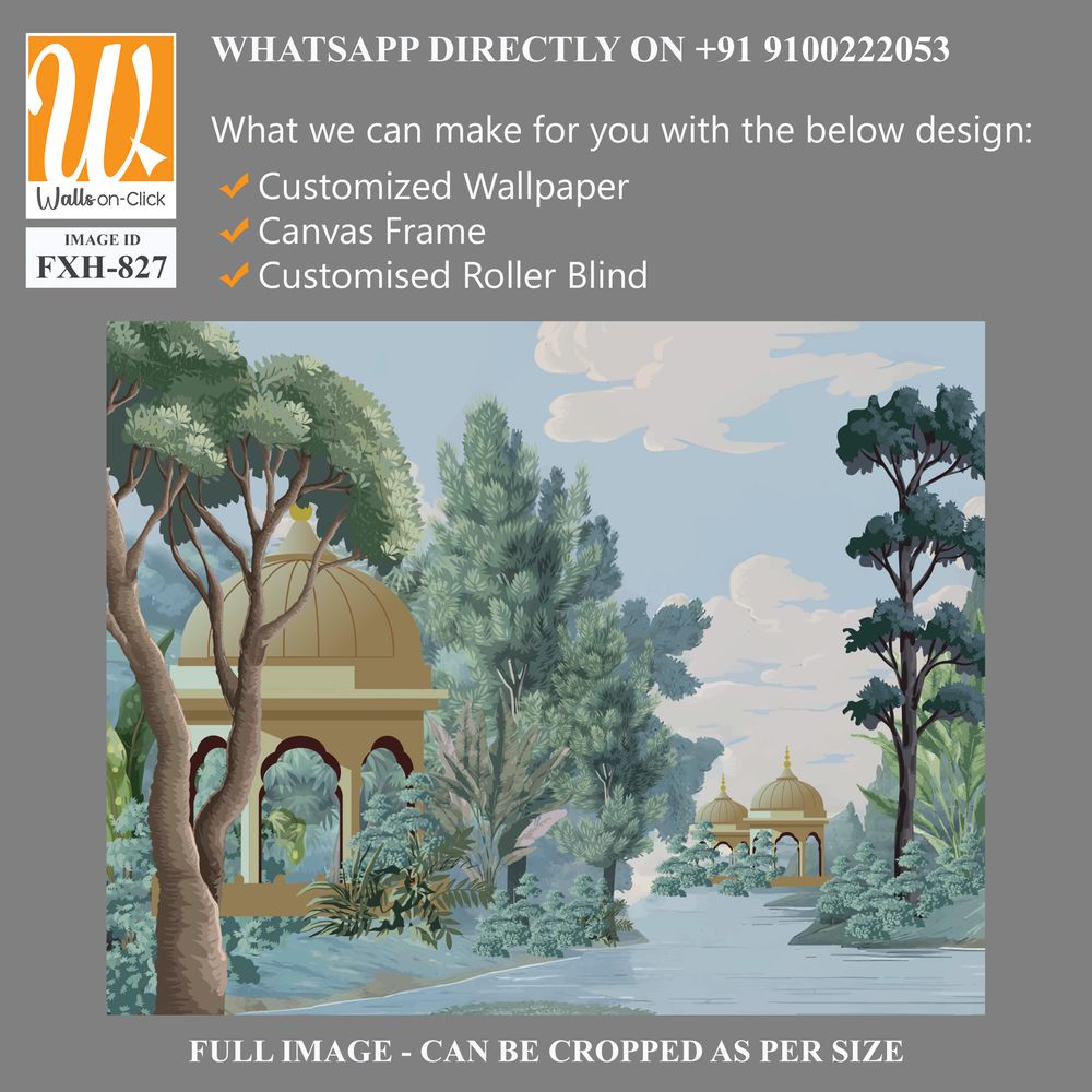 Mughal forest garden with Dome, Birds, plant and botanical tree landscape illustration pattern, Mughal Wall Mural. [WP-FXH-827]