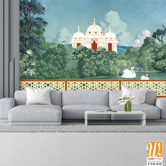 Mughal forest garden with temples, lake, hill, plant and botanical tree landscape illustration pattern, Mughal Wall Mural. [WP-FXH-828]