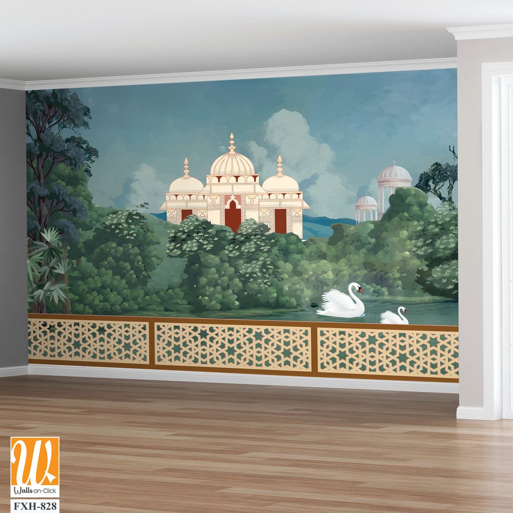 Mughal forest garden with temples, lake, hill, plant and botanical tree landscape illustration pattern, Mughal Wall Mural. [WP-FXH-828]