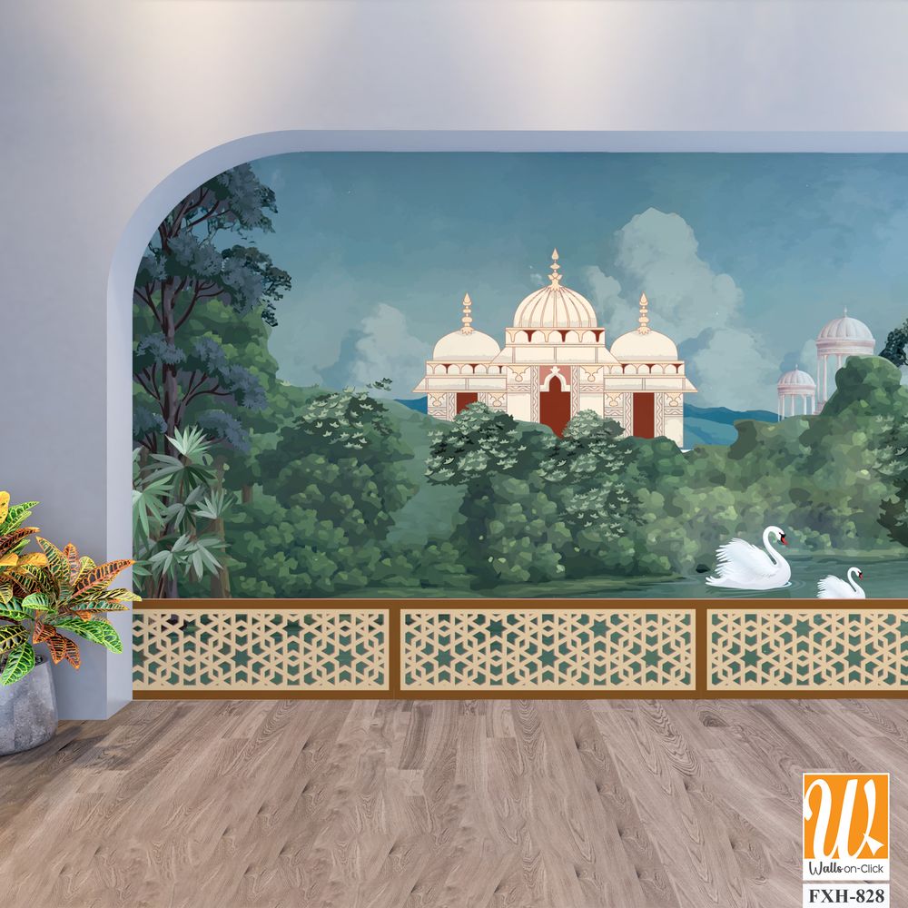 Mughal forest garden with temples, lake, hill, plant and botanical tree landscape illustration pattern, Mughal Wall Mural. [WP-FXH-828]