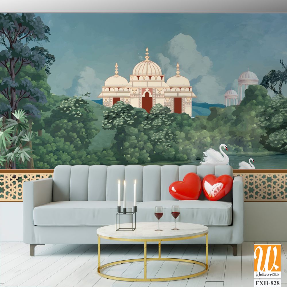 Mughal forest garden with temples, lake, hill, plant and botanical tree landscape illustration pattern, Mughal Wall Mural. [WP-FXH-828]