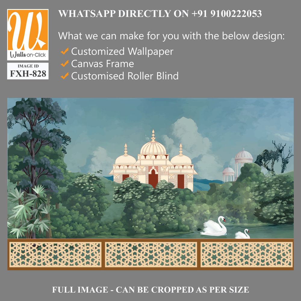 Mughal forest garden with temples, lake, hill, plant and botanical tree landscape illustration pattern, Mughal Wall Mural. [WP-FXH-828]