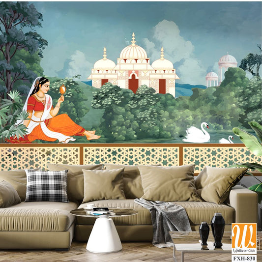 Traditional Mughal queen sitting in garden, with temples, lake, hill, plant and botanical tree landscape illustration pattern, Mughal Wall Mural. [WP-FXH-830]