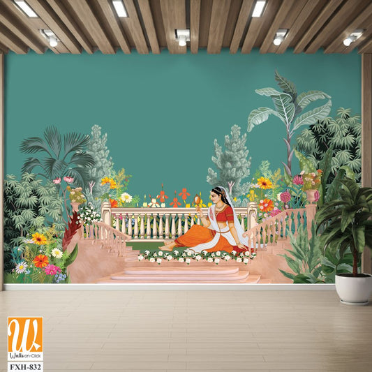 Traditional Mughal queen sitting in garden, bird vector illustration seamless pattern for wallpaper [WP-FXH-832]