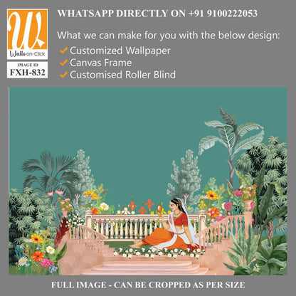 Traditional Mughal queen sitting in garden, bird vector illustration seamless pattern for wallpaper [WP-FXH-832]