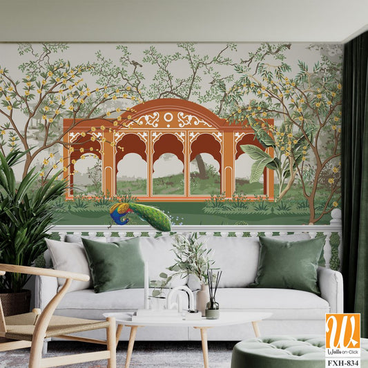 Jungle wallpaper, Palazzo wallpaper, Mughal wall paper, Birds, Tree, Watercolor background. [WP-FXH-834]