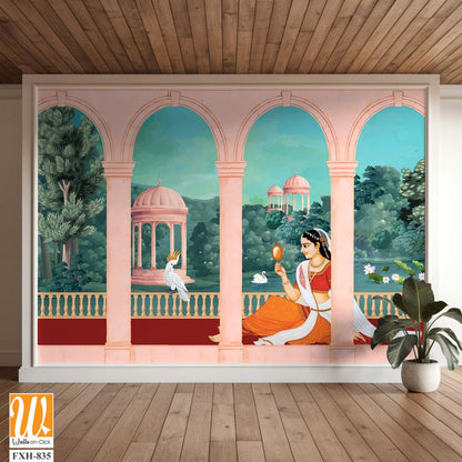 Mughal queen sitting in Garden. Vintage wallpaper with garden arch place illustration. [WP-FXH-835]