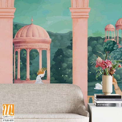 Mughal queen sitting in Garden. Vintage wallpaper with garden arch place illustration. [WP-FXH-835]