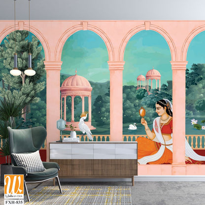 Mughal queen sitting in Garden. Vintage wallpaper with garden arch place illustration. [WP-FXH-835]