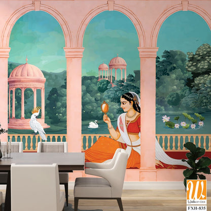 Mughal queen sitting in Garden. Vintage wallpaper with garden arch place illustration. [WP-FXH-835]