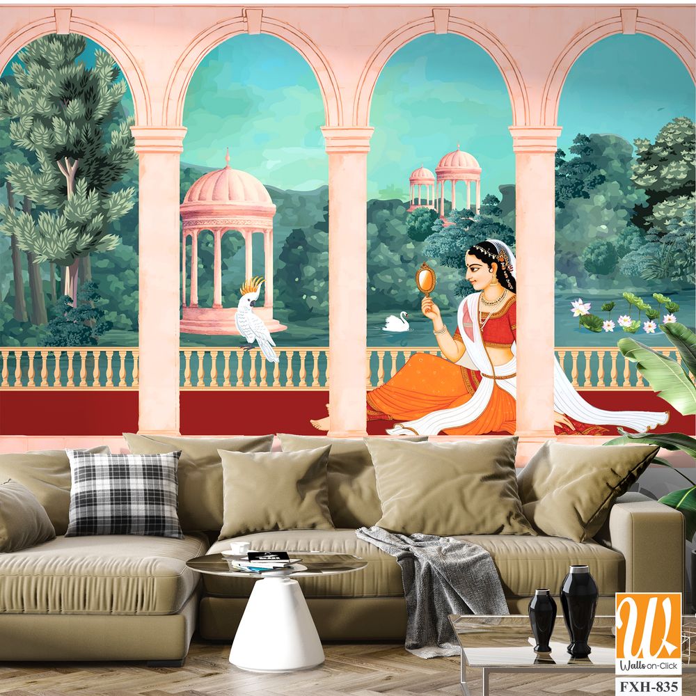 Mughal queen sitting in Garden. Vintage wallpaper with garden arch place illustration. [WP-FXH-835]