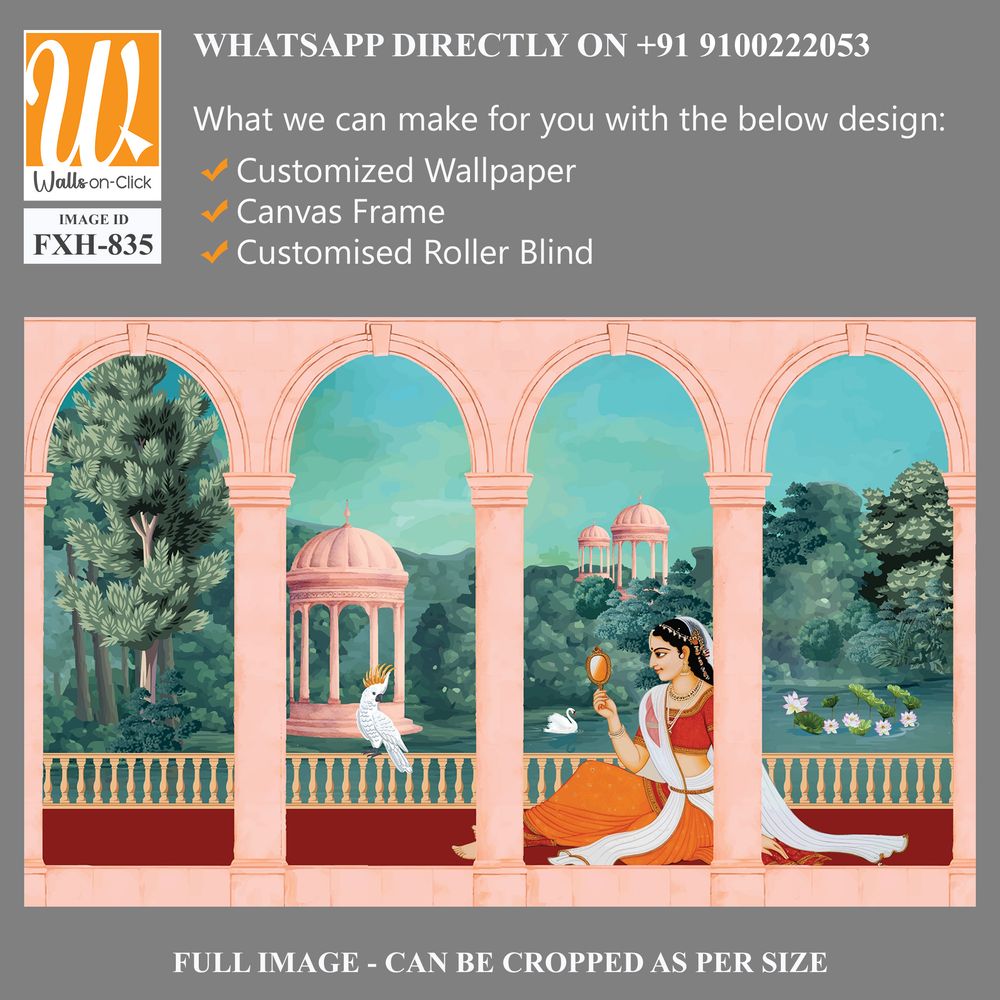 Mughal queen sitting in Garden. Vintage wallpaper with garden arch place illustration. [WP-FXH-835]