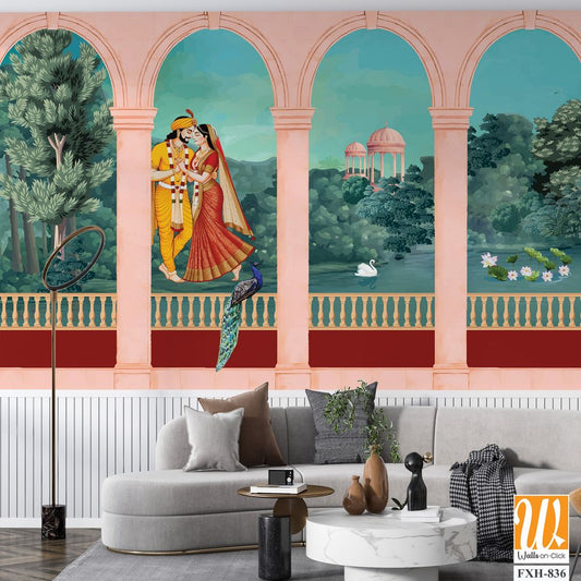 Mughal King and queen sitting in Garden. vintage wallpaper with garden arch place lake, mountain. [WP-FXH-836]