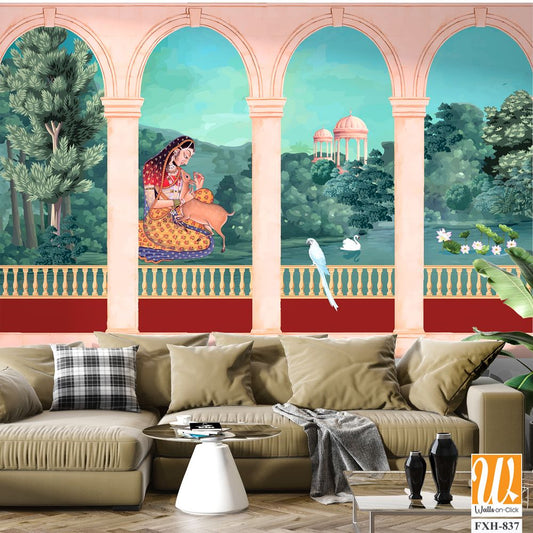 Mughal queen sitting in Garden. Vintage wallpaper with garden arch place illustration. [WP-FXH-837]