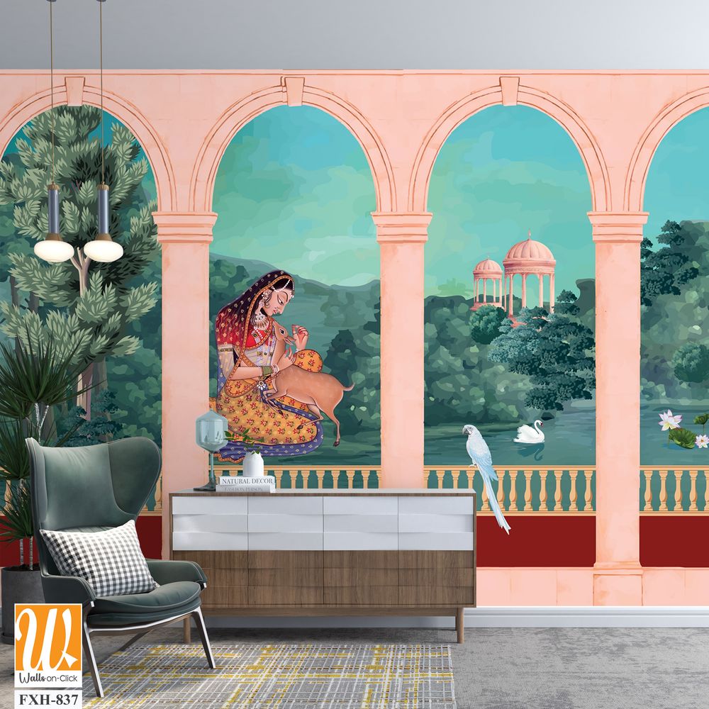 Mughal queen sitting in Garden. Vintage wallpaper with garden arch place illustration. [WP-FXH-837]